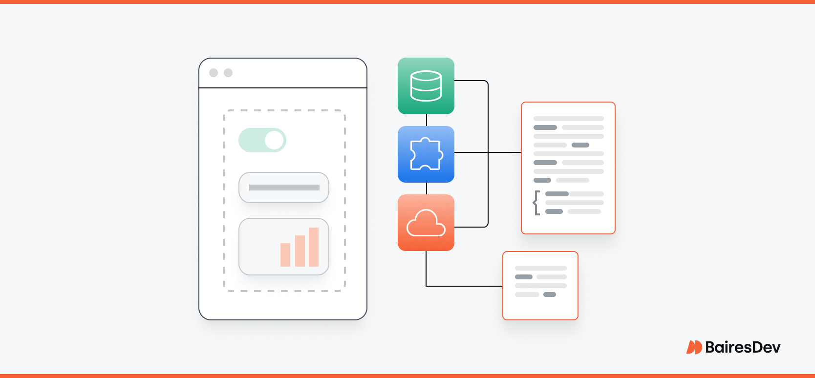 Abstract illustration of the visual nature of low code development, showing a UI with a cursor on the left, and code, storage, and logic on the right.