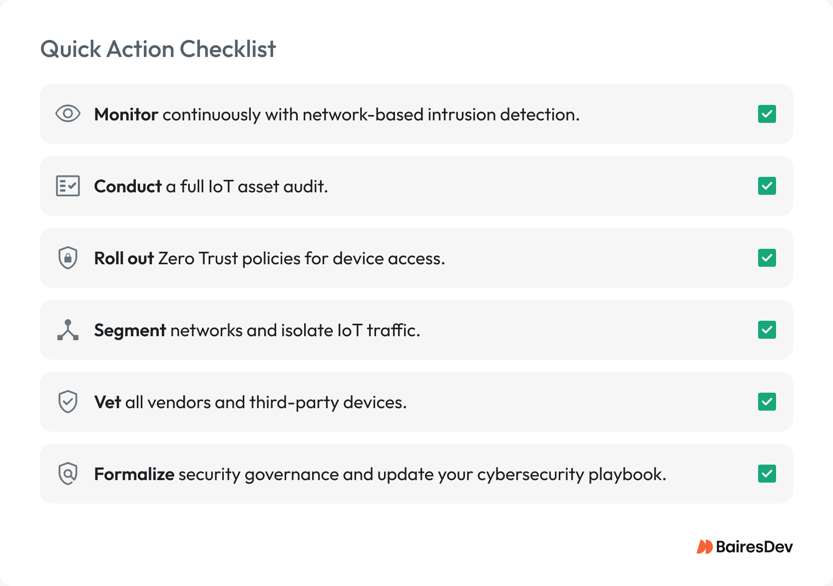 Quick Action Checklist infographic for IoT security: asset audit, Zero Trust access, network segmentation, vendor vetting, and cybersecurity governance playbook