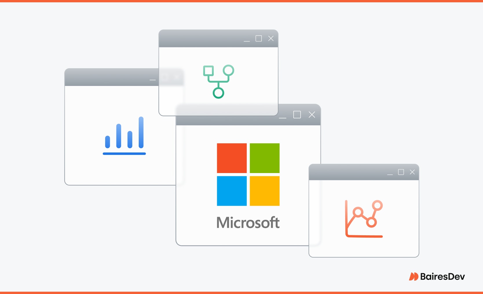 Microsoft consultant points at glowing line chart in modern UI dashboard, surrounded by bar and workflow panes in a clean, minimalist workspace.