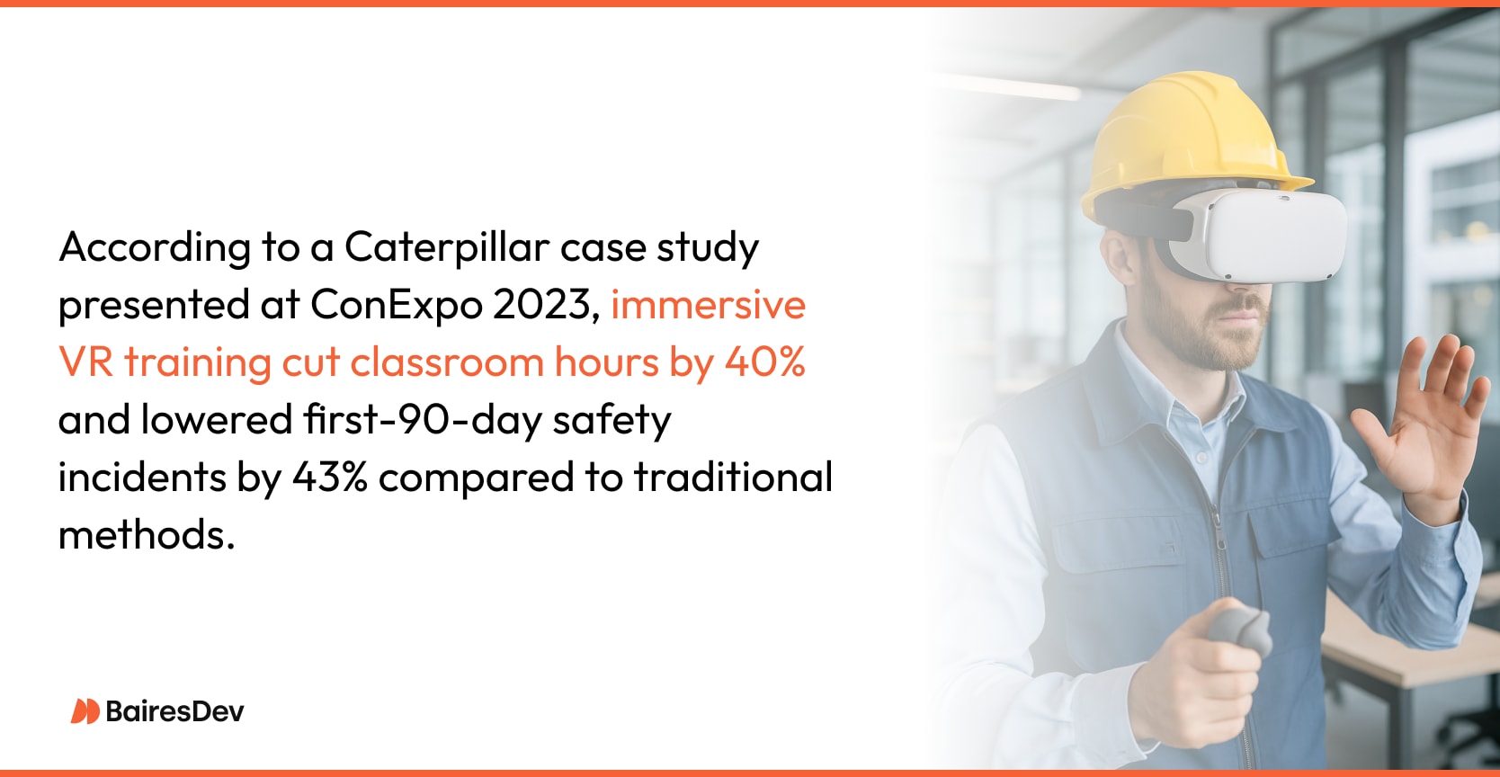 Quote with a man wearing a hard hat and VR headset participates in virtual training, alongside a statistic highlighting VR’s impact on reducing classroom hours and improving safety outcomes.
