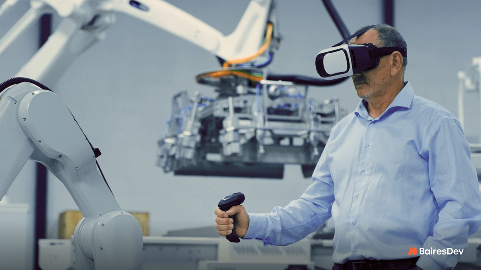 Image of an engineer working to create prototypes of a mechanical assembly. She is wearing a VR headset and inspecting virtual objects in front of her (gears, cogs, axl).