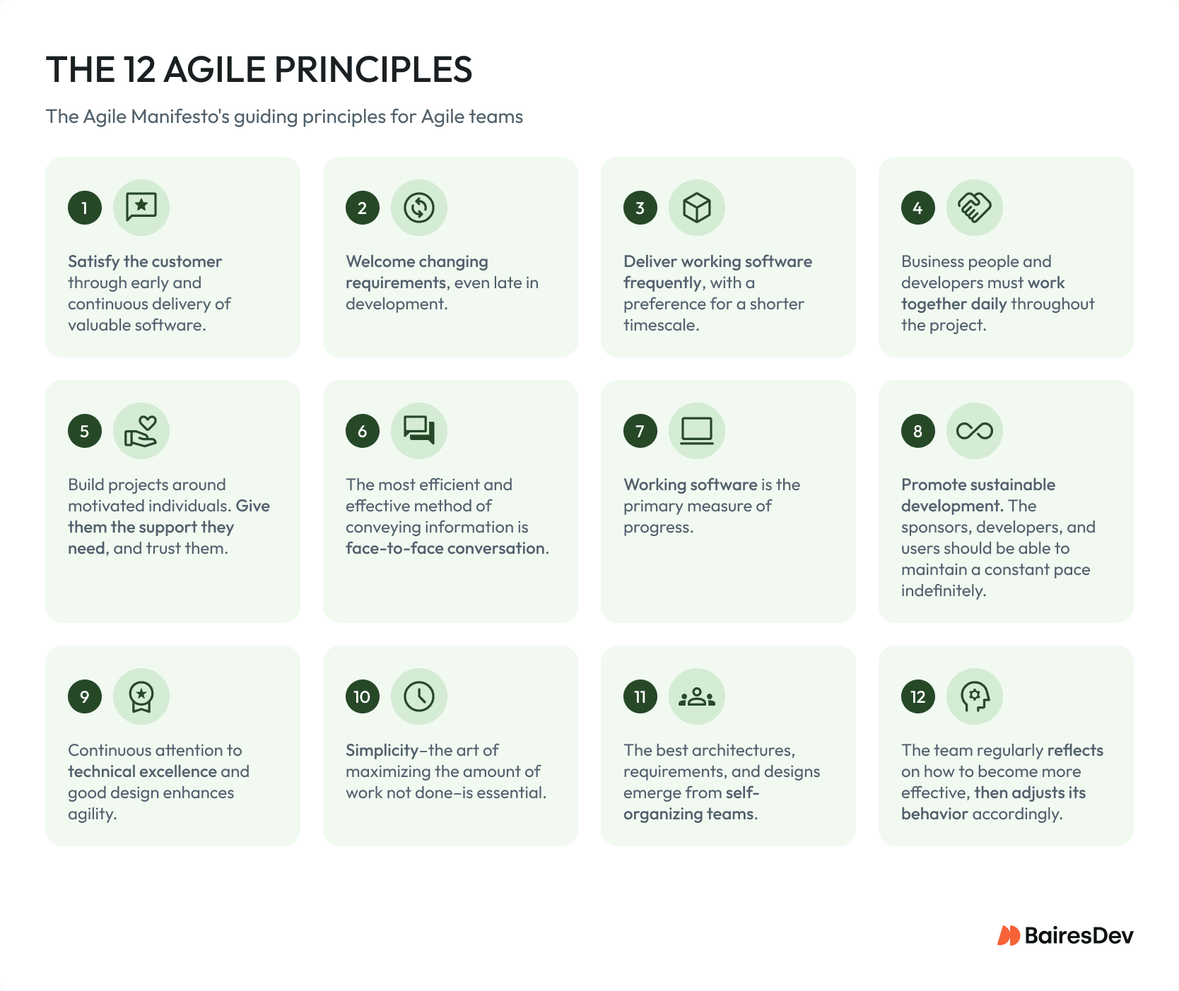 Infographic listing the 12 core Agile principles.