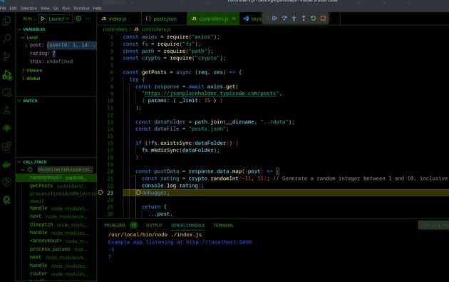 Visual Studio Code debugging a Node.js Express controller, showing a paused breakpoint, local variables, call stack, and application output.