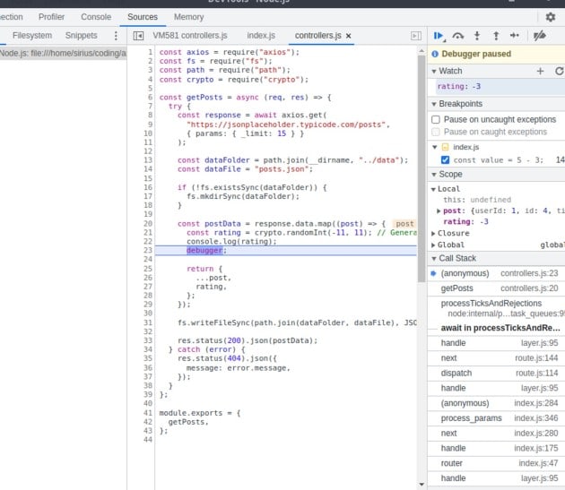 Node.js DevTools paused at a debugger statement in an Express controller, showing runtime values, scope variables, and the call stack.