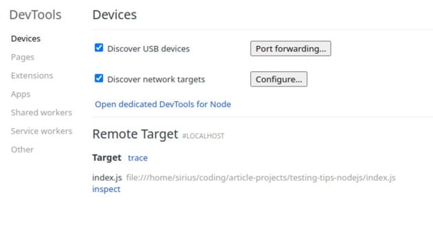 Chrome DevTools Devices panel showing USB and network discovery with a Node.js remote debugging target.