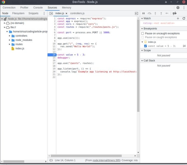 Chrome DevTools for Node.js showing an Express application source file with a debugger statement and breakpoint controls.