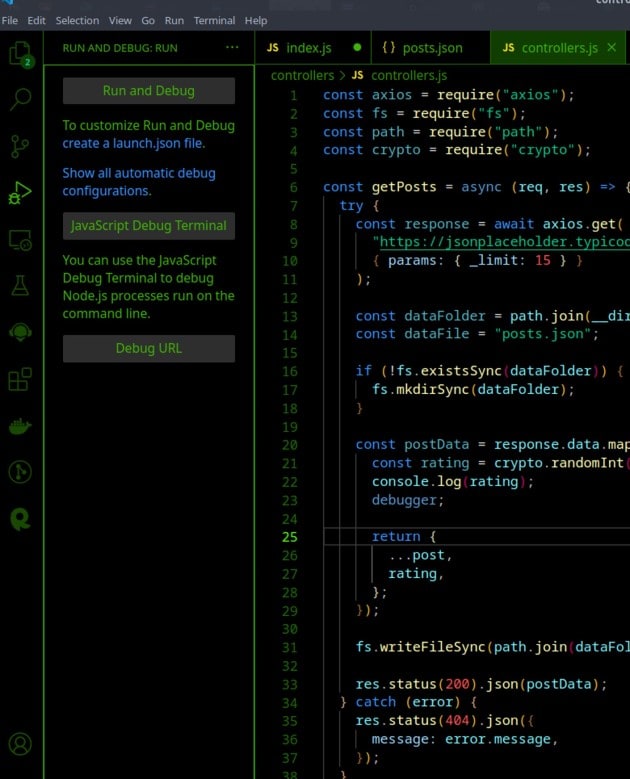 Visual Studio Code showing a Node.js Express controller with the Run and Debug panel and a debugger statement in the source code.