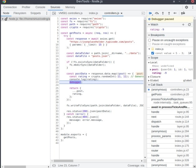 Chrome DevTools for Node.js showing a paused debugger in an Express controller with source code, variables, scope, and call stack.