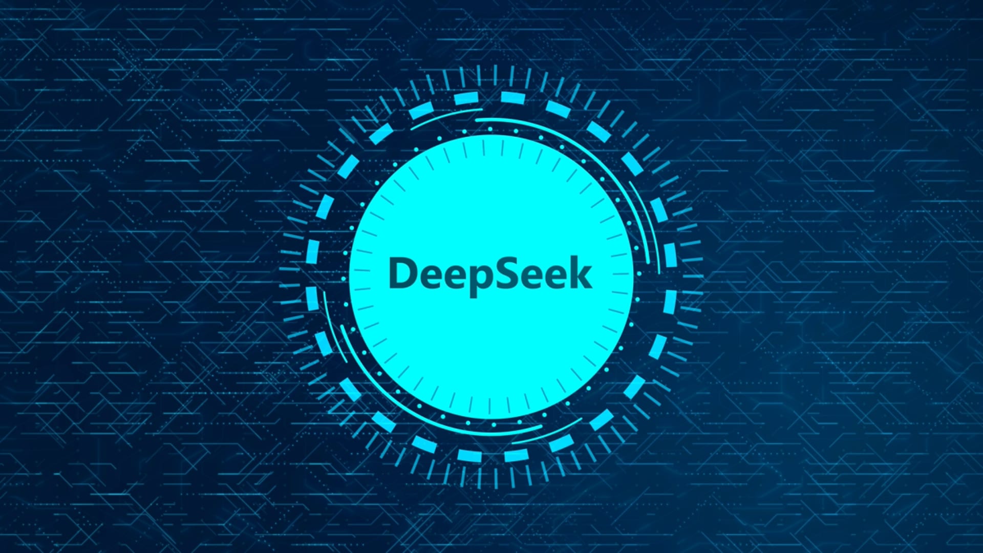 Deepseek written in a blue font inside a light blue circle.