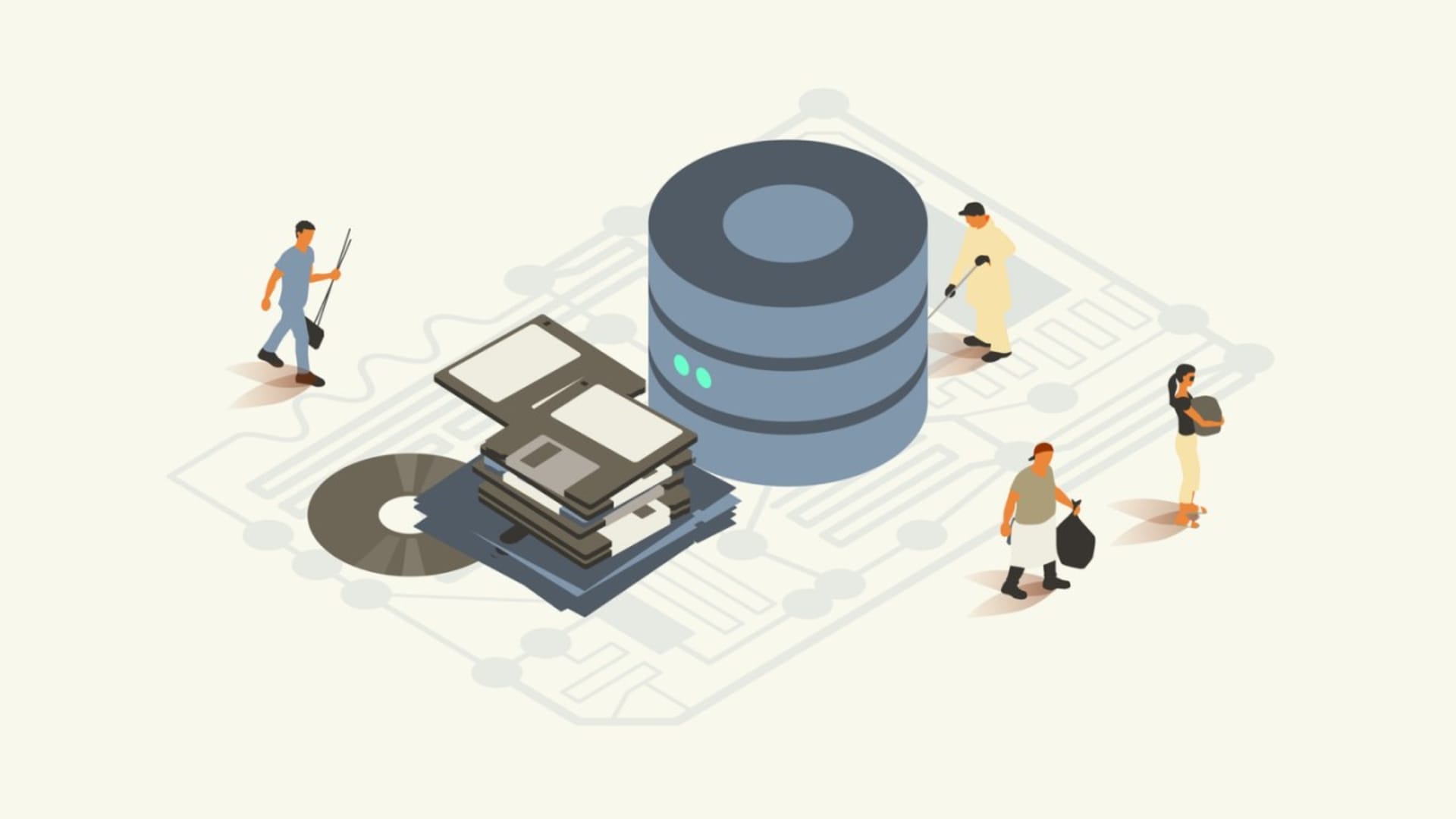 An isometric illustration showing people interacting with oversized digital storage devices and circuit components, symbolizing the modernization and cleanup of legacy business applications and infrastructure.