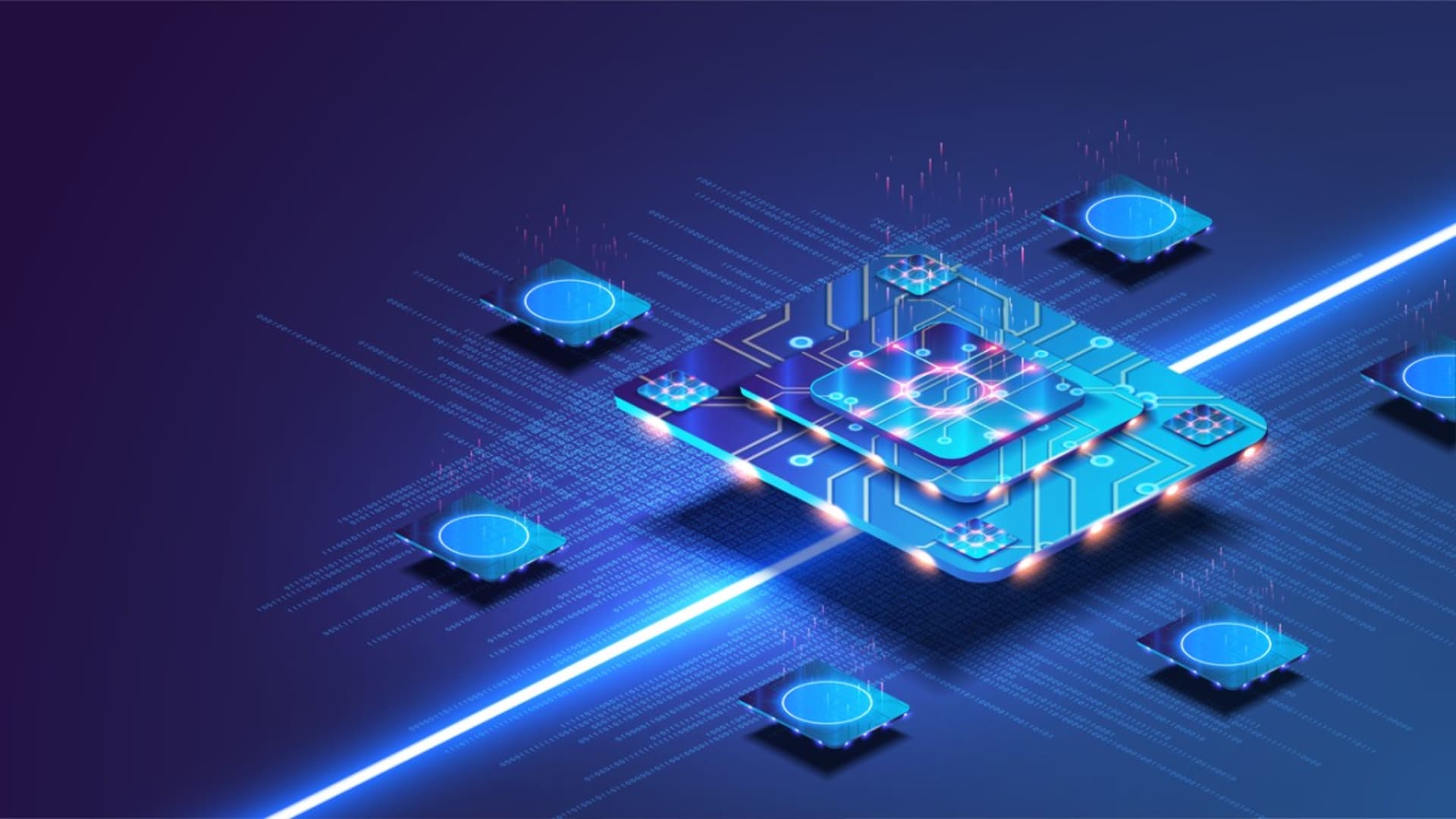 Futuristic digital illustration of a quantum chip with glowing circuits and data streams, symbolizing quantum computing technology, high-speed data processing, and advanced computational power in a high-tech environment.