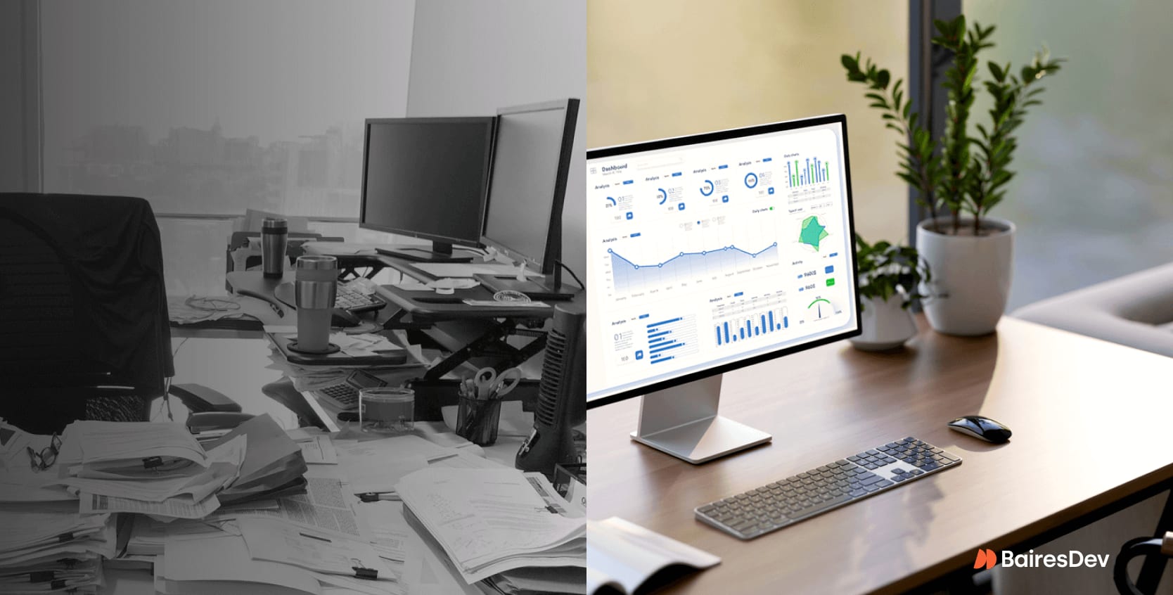 Split-screen workspace: left cluttered grayscale desk, right tidy warm-toned desk with AI dashboard and clean environment.