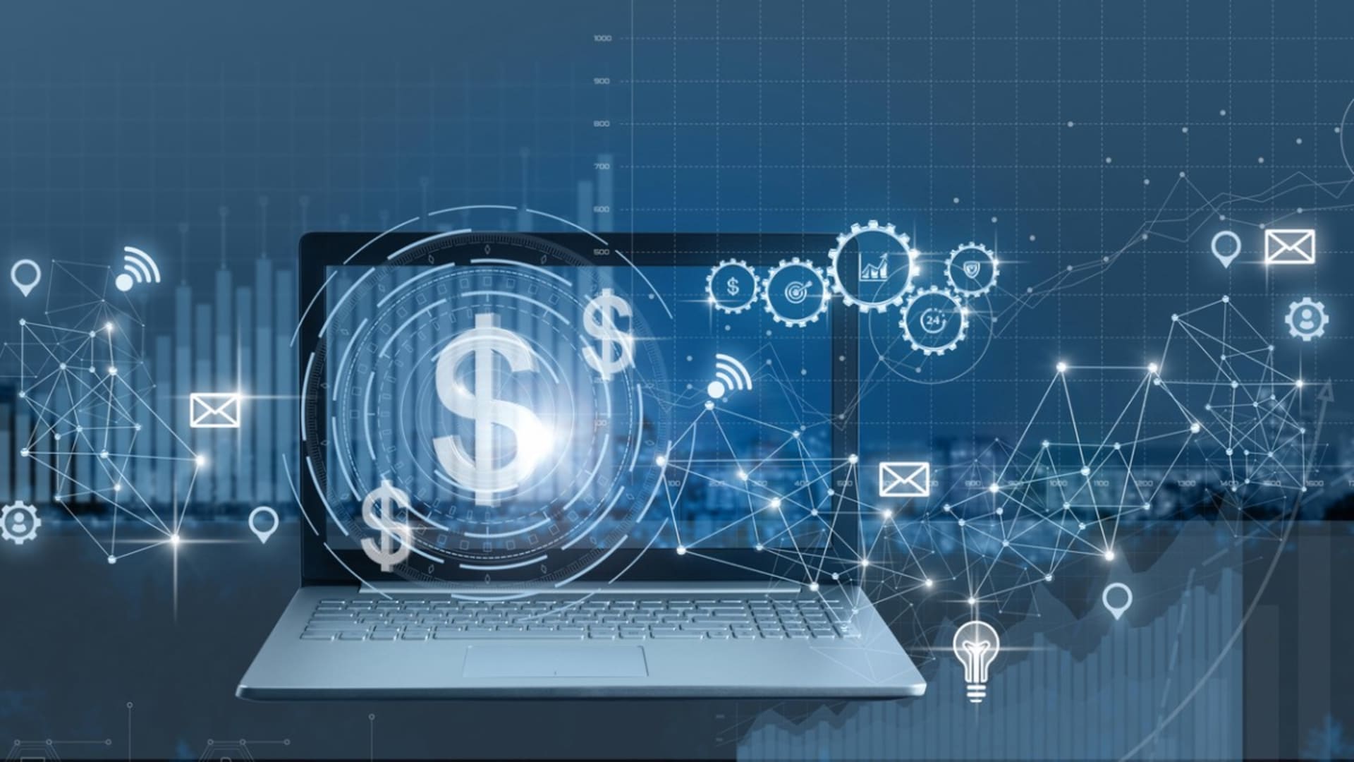 Futuristic illustration of a laptop surrounded by digital financial icons and data visualization elements. The image represents digital economy, online revenue, and financial technology. Select 76 more words to run Humanizer.