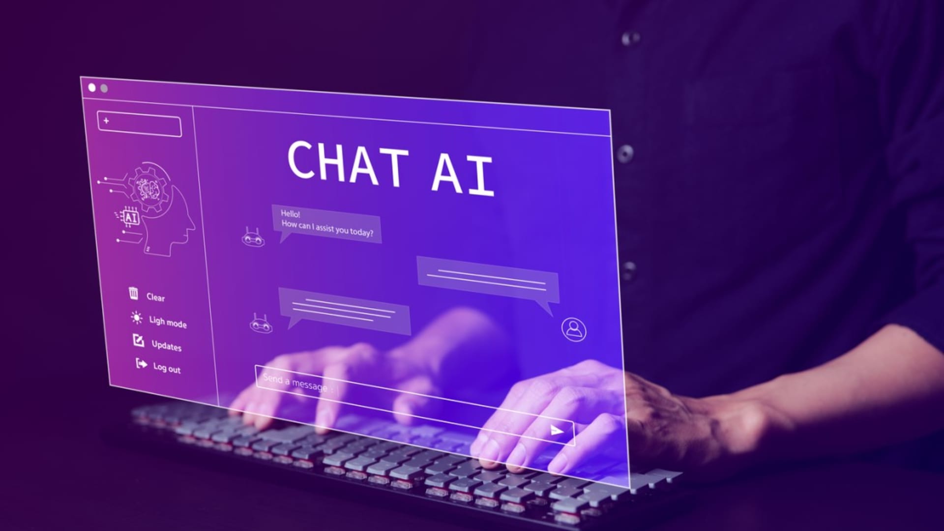 Person typing on a keyboard with a futuristic transparent interface labeled “CHAT AI,” displaying a chatbot conversation and digital assistant icons, symbolizing AI-powered communication and virtual assistant technology.