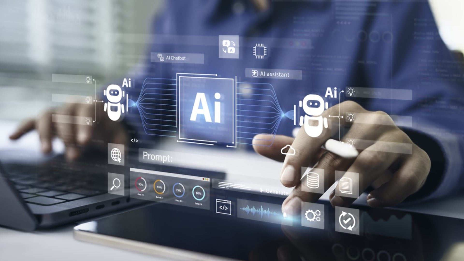 Person using a laptop and tablet surrounded by virtual interface graphics showing AI productivity tools, chatbots, assistants, and prompt analytics, symbolizing modern AI-driven work environments.