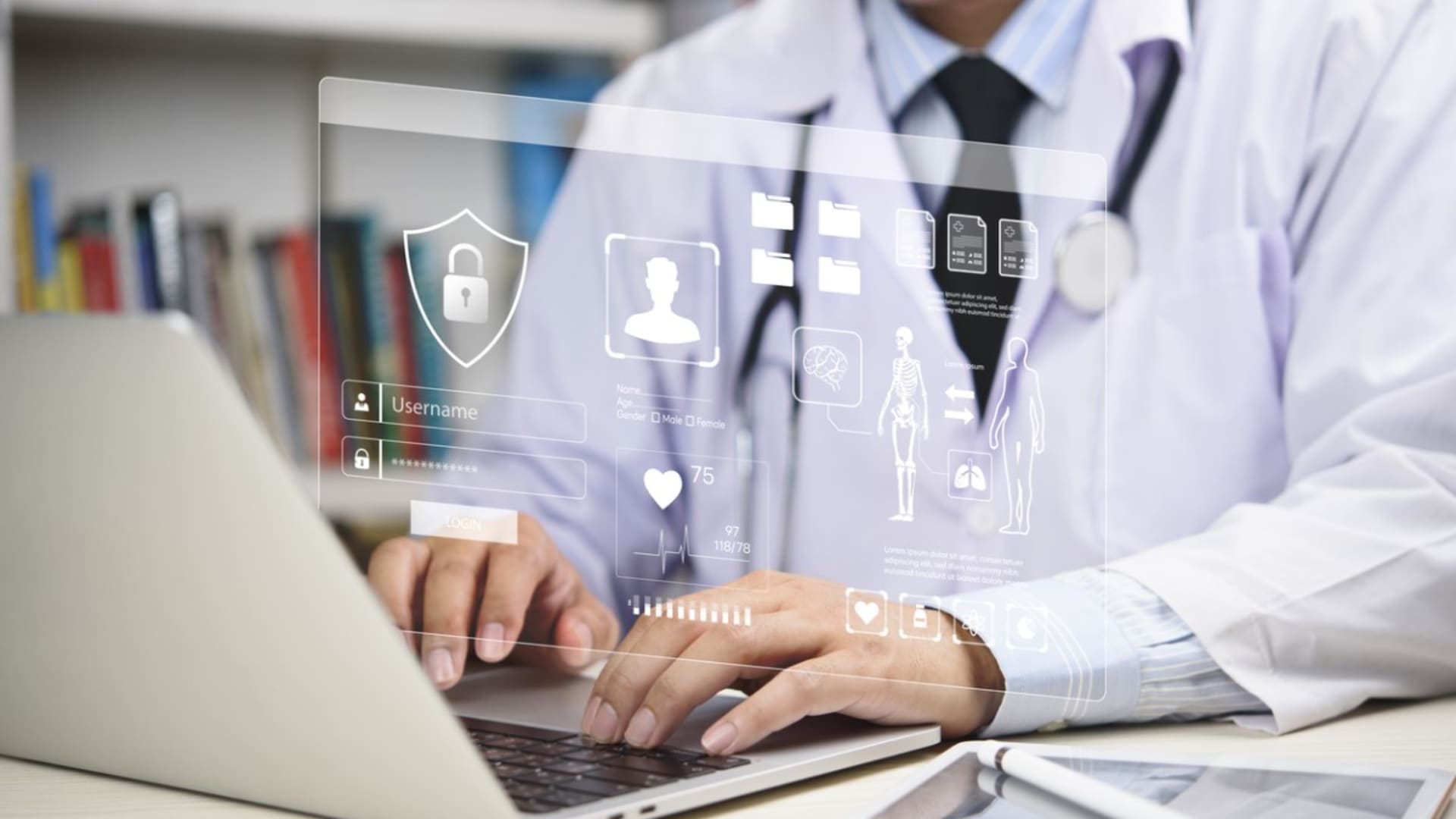 Doctor using a laptop with a holographic interface displaying secure patient medical records, login credentials, and data encryption icons.