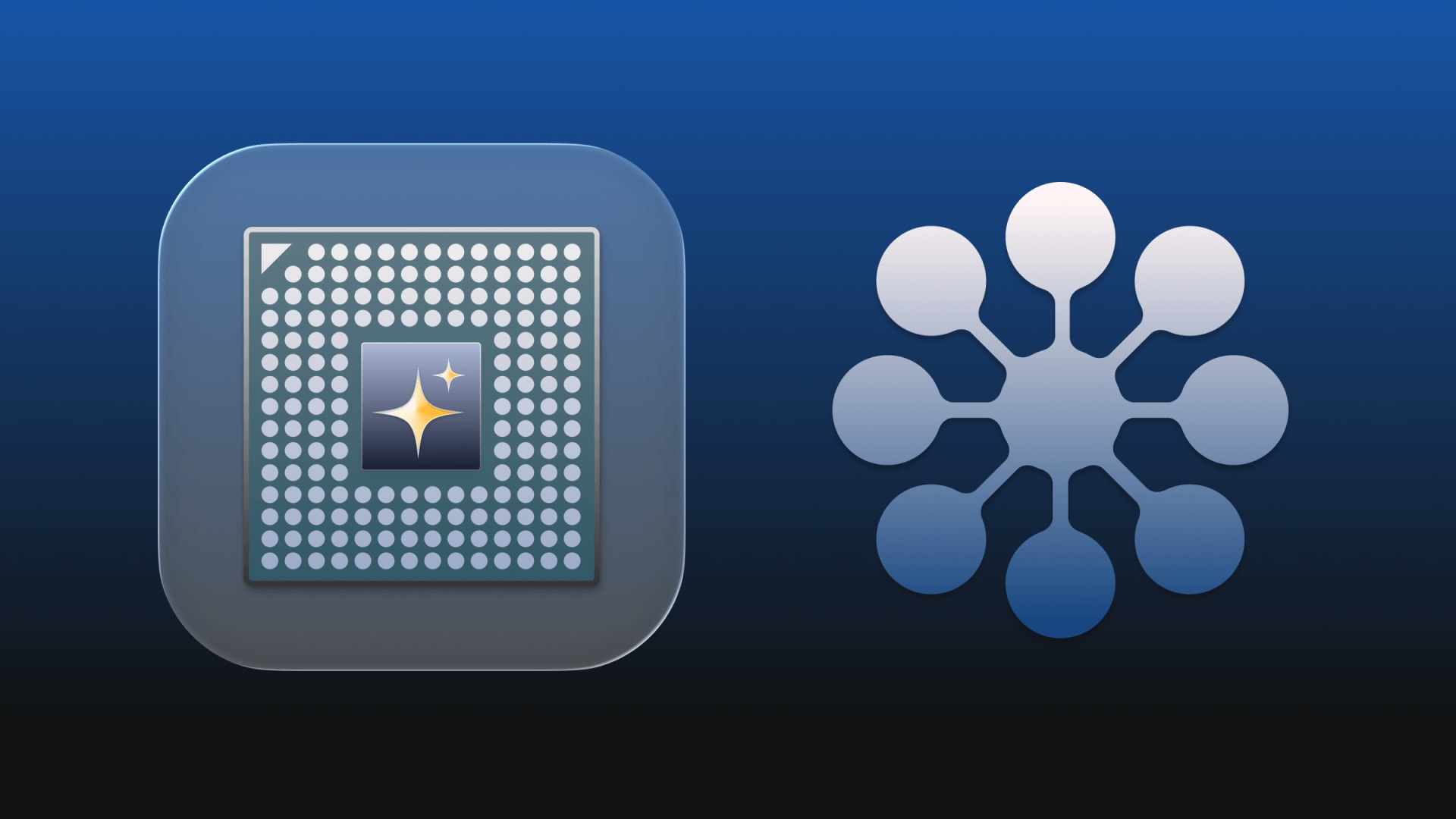 AI chip icon with a sparkle in the center and a hub-and-spoke diagram, symbolizing artificial intelligence hardware and technology network.
