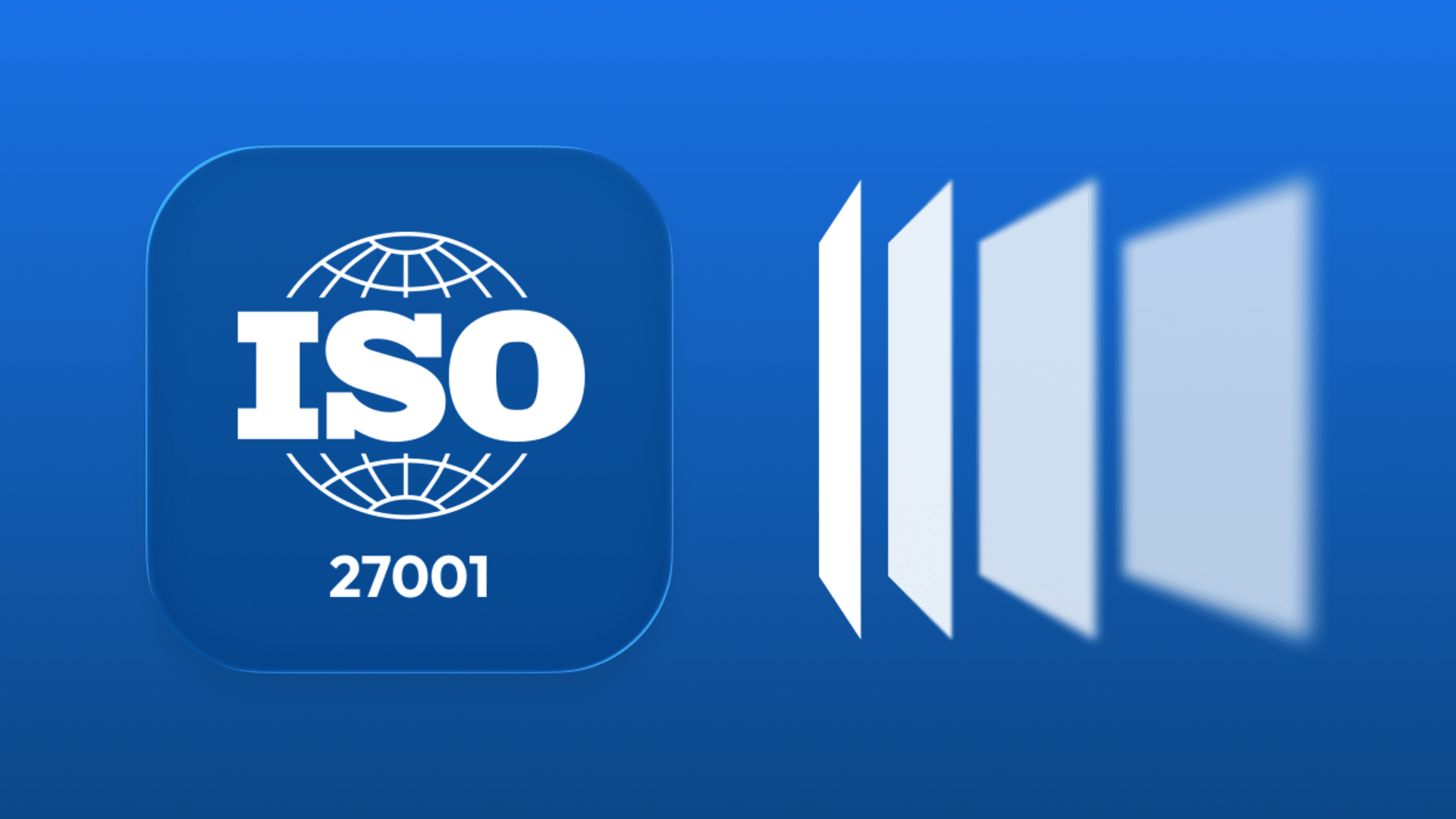 ISO 27001 certification badge on a blue background, representing information security management and data protection compliance.