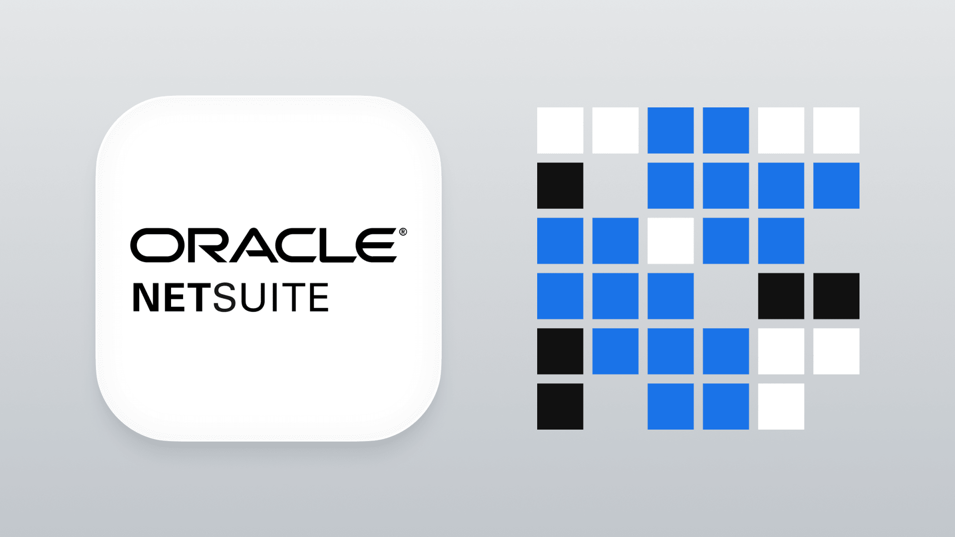 Oracle NetSuite logo with blue, white, and black pixel blocks, representing ERP software customization and business integration.