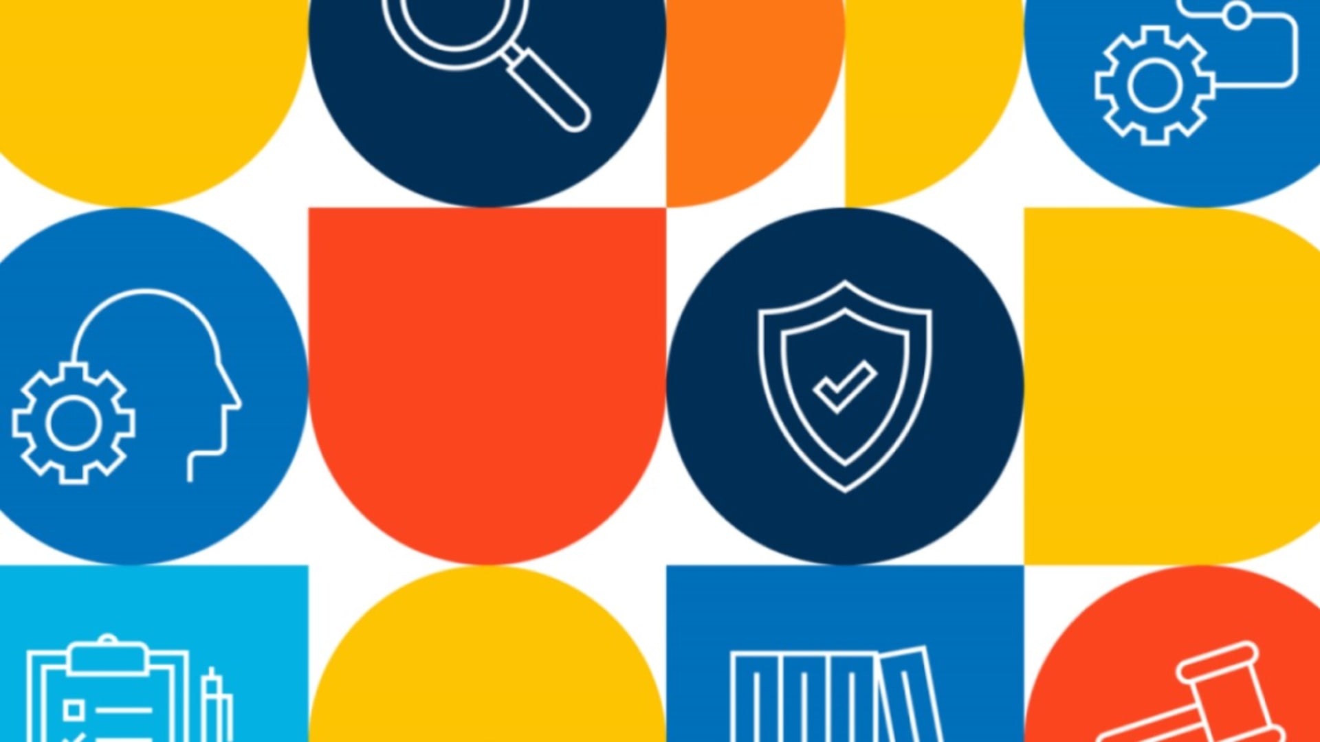 Colorful abstract background with icons representing security, compliance, legal, analytics, and automation, using shield, gear, magnifying glass, and book symbols.