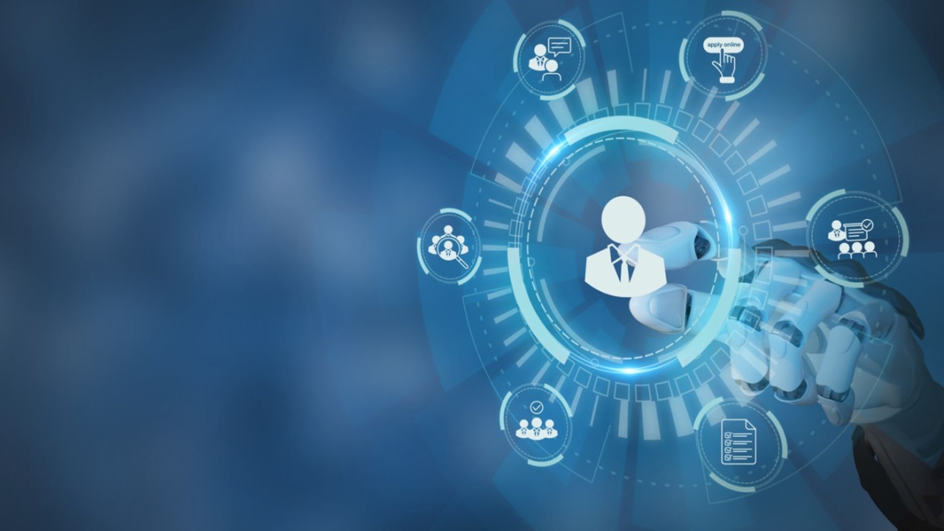 A robotic hand interacts with a digital interface featuring a central icon of a business professional, surrounded by technology-related icons representing talent acquisition, online applications, team collaboration, and document processing, set against a futuristic blue background.