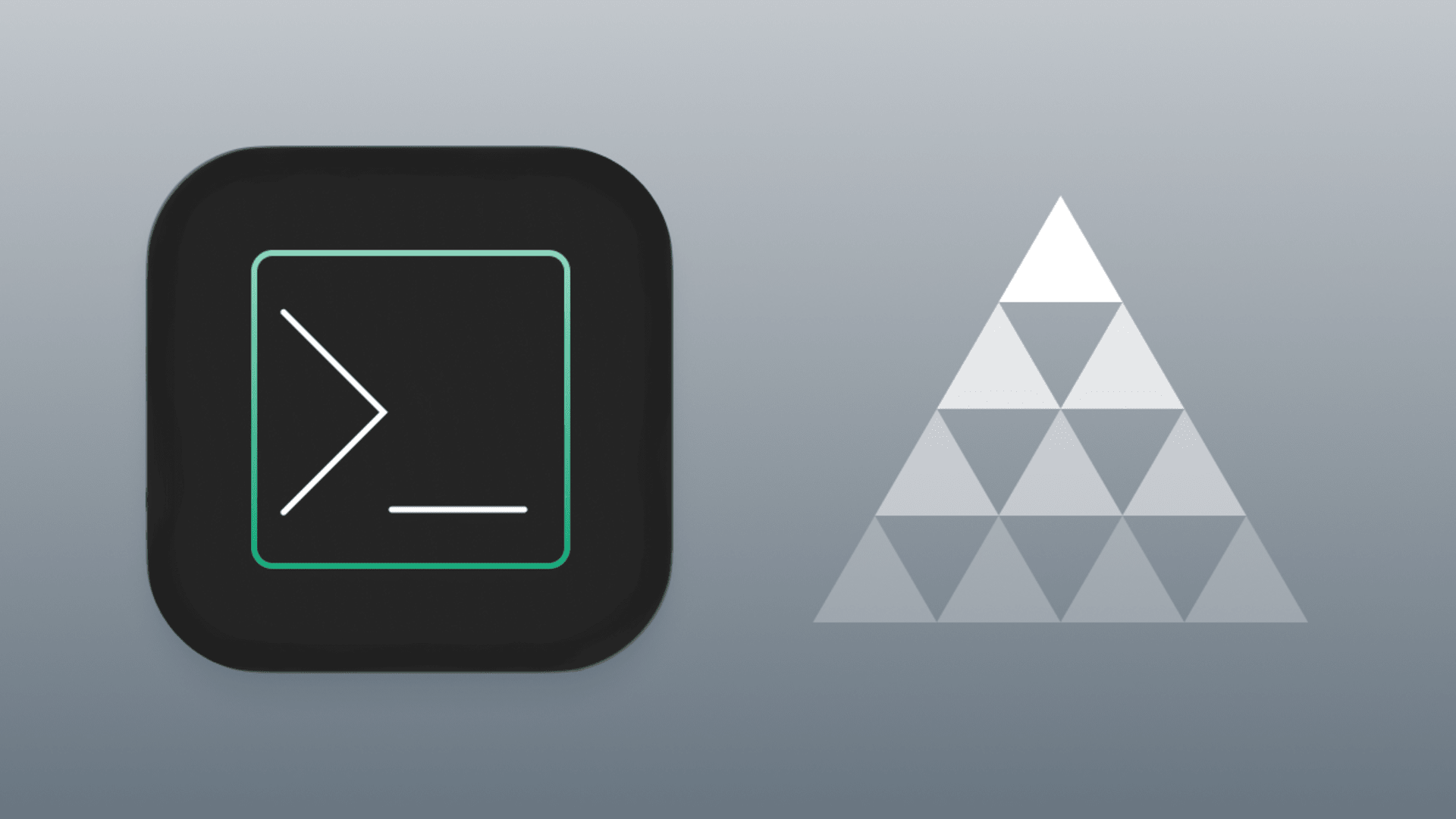 Terminal icon and geometric triangle structure on a gradient background, representing custom software development and system architecture. Terminal icon and geometric triangle structure on a gradient background, representing custom software development and system architecture.