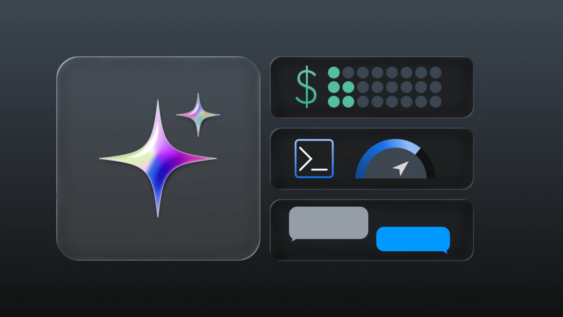 Colorful sparkle icon with finance, terminal, speed, and chat widgets on a dark background, symbolizing the importance of artificial intelligence in business. Colorful sparkle icon with finance, terminal, speed, and chat widgets on a dark background, symbolizing the importance of artificial intelligence in business.