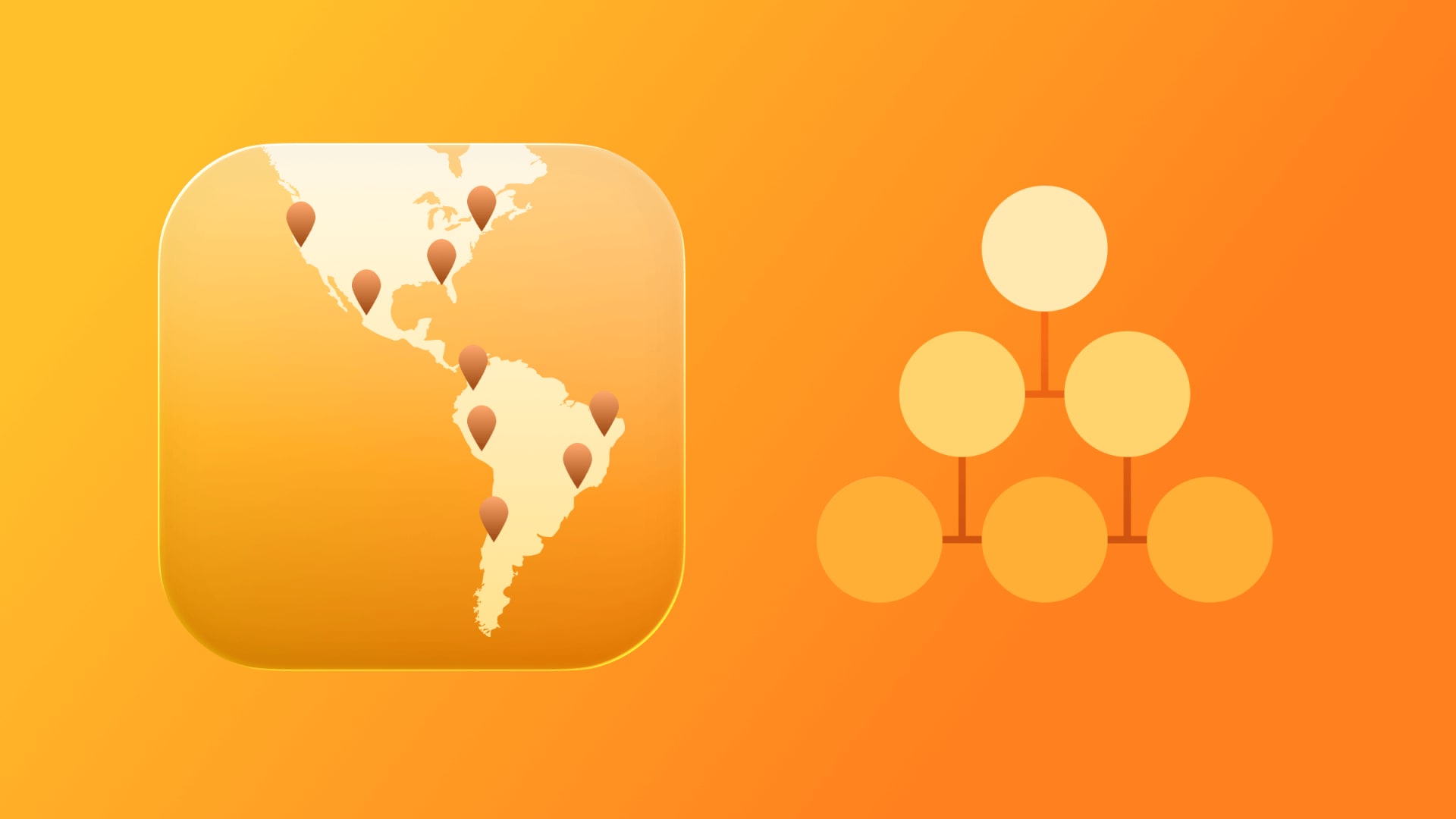 Map of the Americas with location pins and network diagram on orange background, symbolizing managing distributed engineering teams globally.