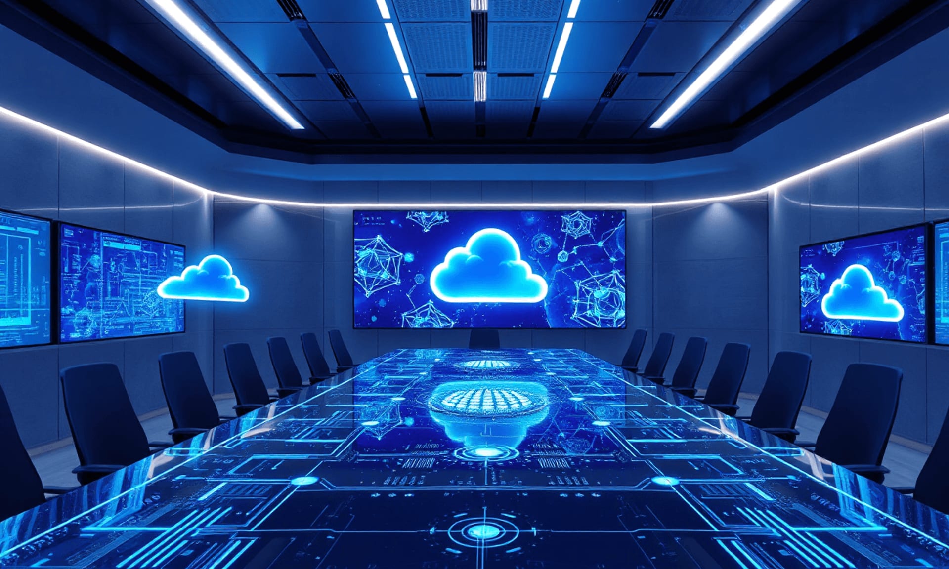 Futuristic boardroom with glowing cloud icons and digital circuit visuals representing cloud computing