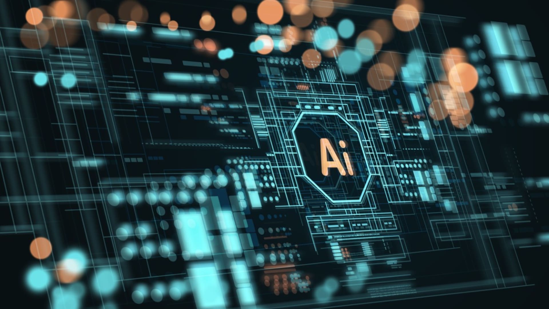 Abstract digital interface with glowing AI lettering at the center, surrounded by futuristic data elements and circuit-like patterns, symbolizing artificial intelligence and technology innovation.