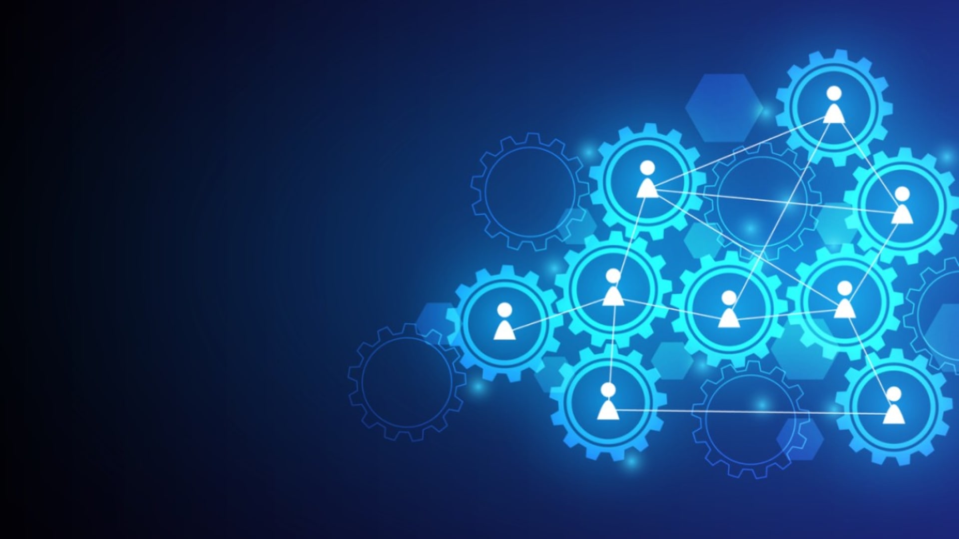 Abstract illustration of interconnected gears with user icons, symbolizing collaboration and managing distributed engineering teams.