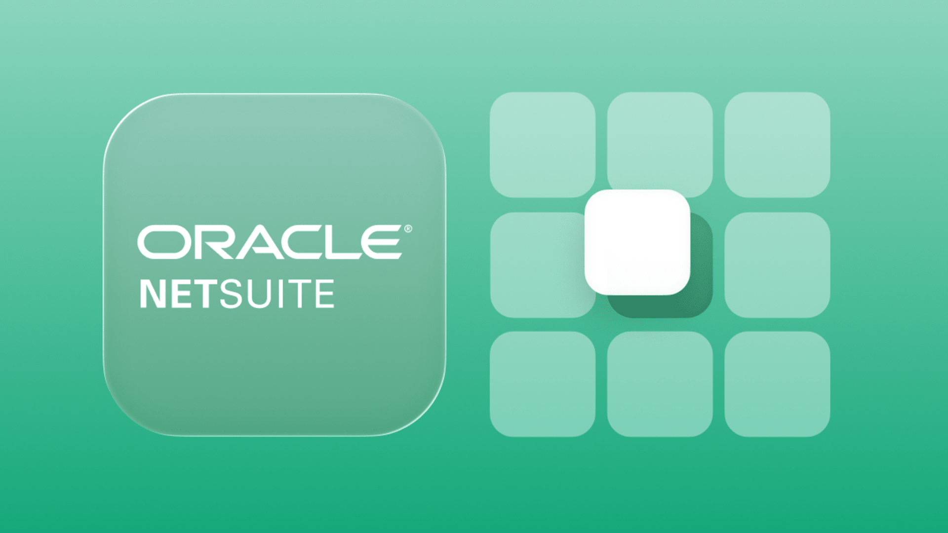 Oracle NetSuite logo with a highlighted central tile in a grid, symbolizing ERP integration and centralized business management.