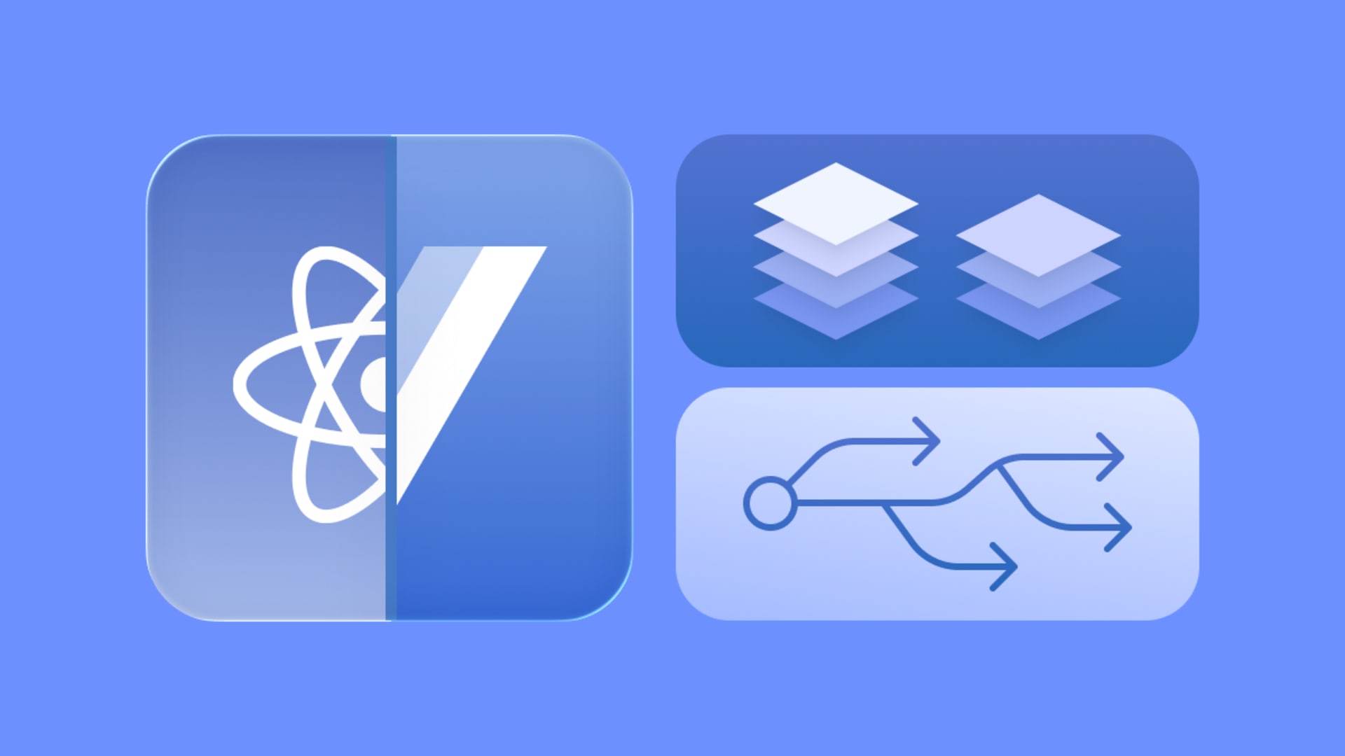 Comparison of React and Vue with visual layers and branching flowchart, symbolizing frontend frameworks and architecture differences.