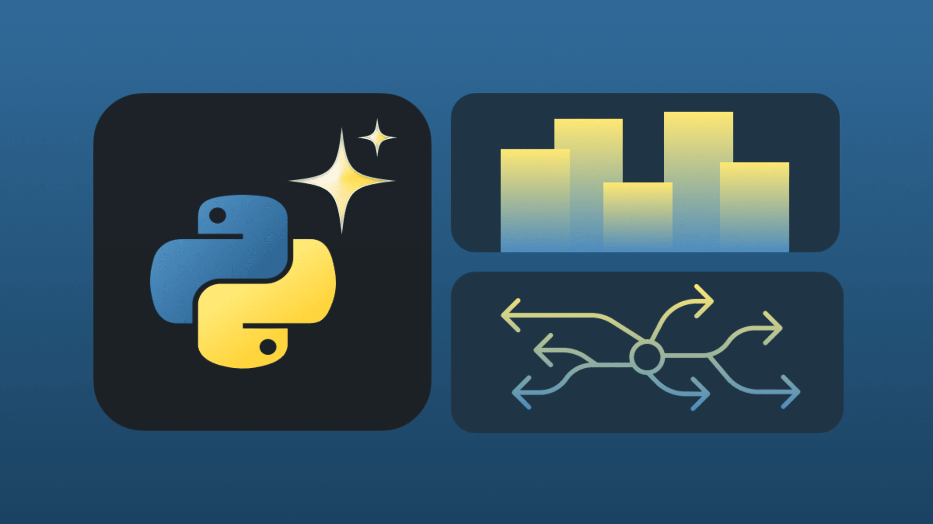 Python logo with sparkle icon, bar chart, and flow diagram representing AI pipelines. Captures Python’s power in AI and data science workflows.