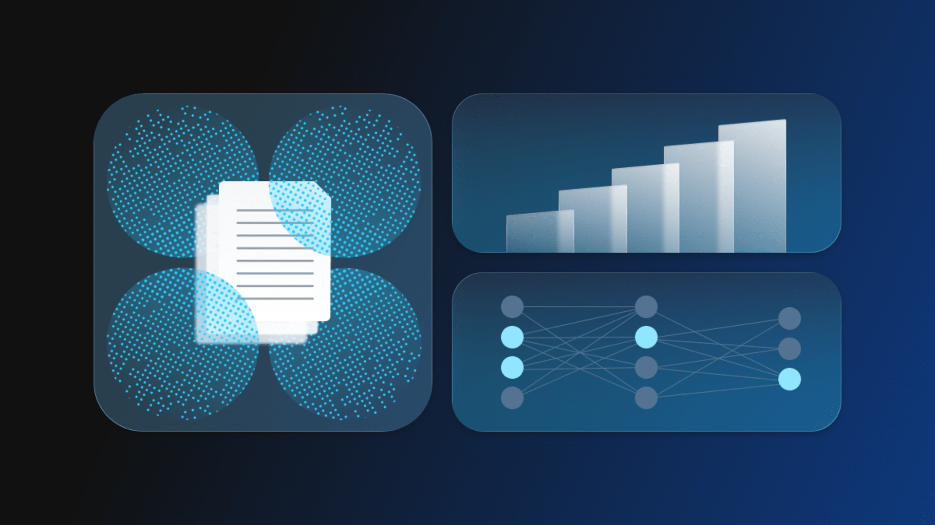 Illustration representing AI-driven content generation using neural networks and data scaling. Features icons of documents, growth charts, and a neural network structure.