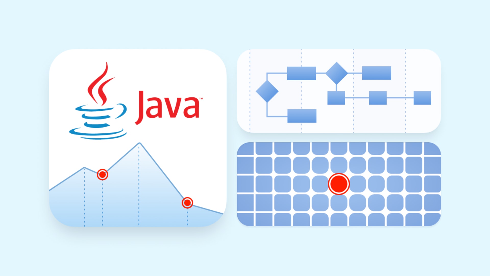 Illustration depicting Java performance issues with line graphs, flowcharts, and grid-based diagnostics. Highlights common bottlenecks and optimization areas in Java applications.