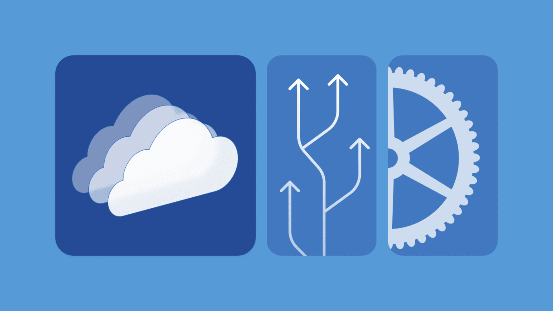 Cloud-native architecture illustration showing cloud infrastructure, scalable workflows, and automated systems for modern application development and deployment.