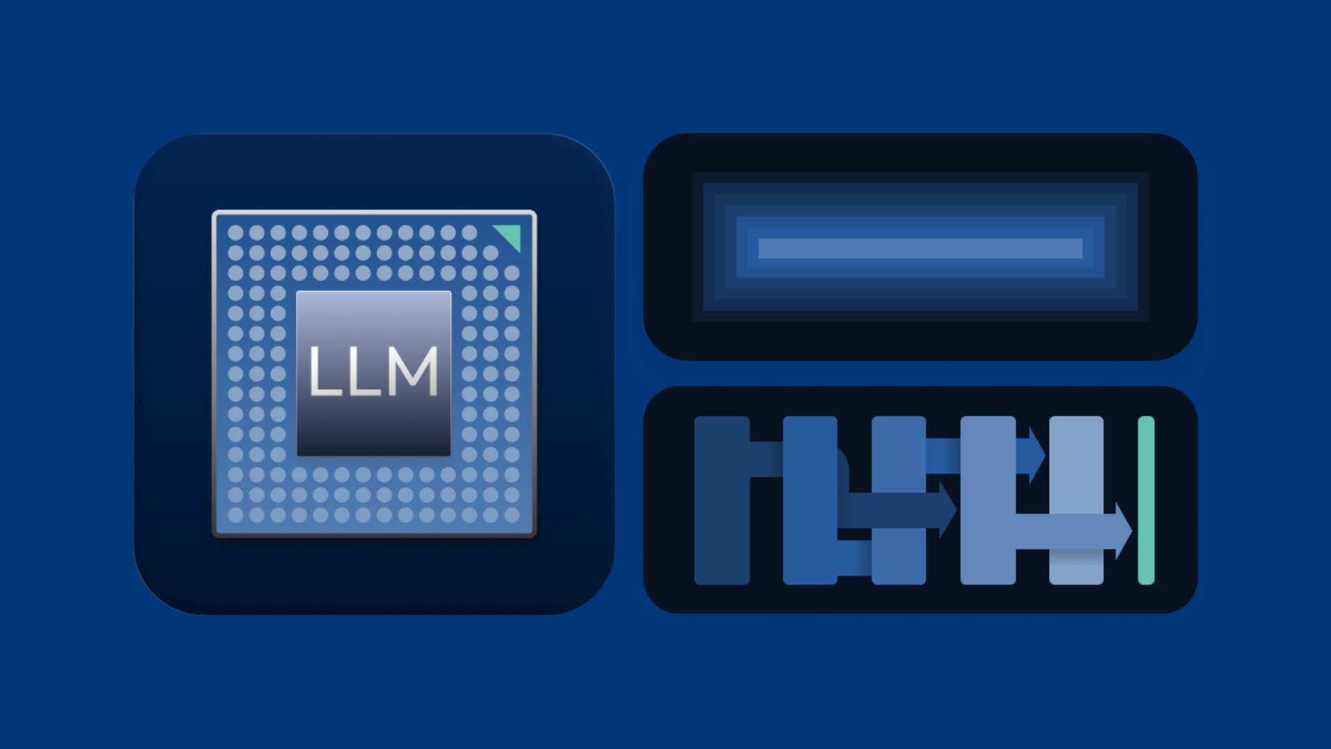 Large language model (LLM) architecture illustration showing AI processor, neural network layers, and token processing pipeline used to power generative AI systems.