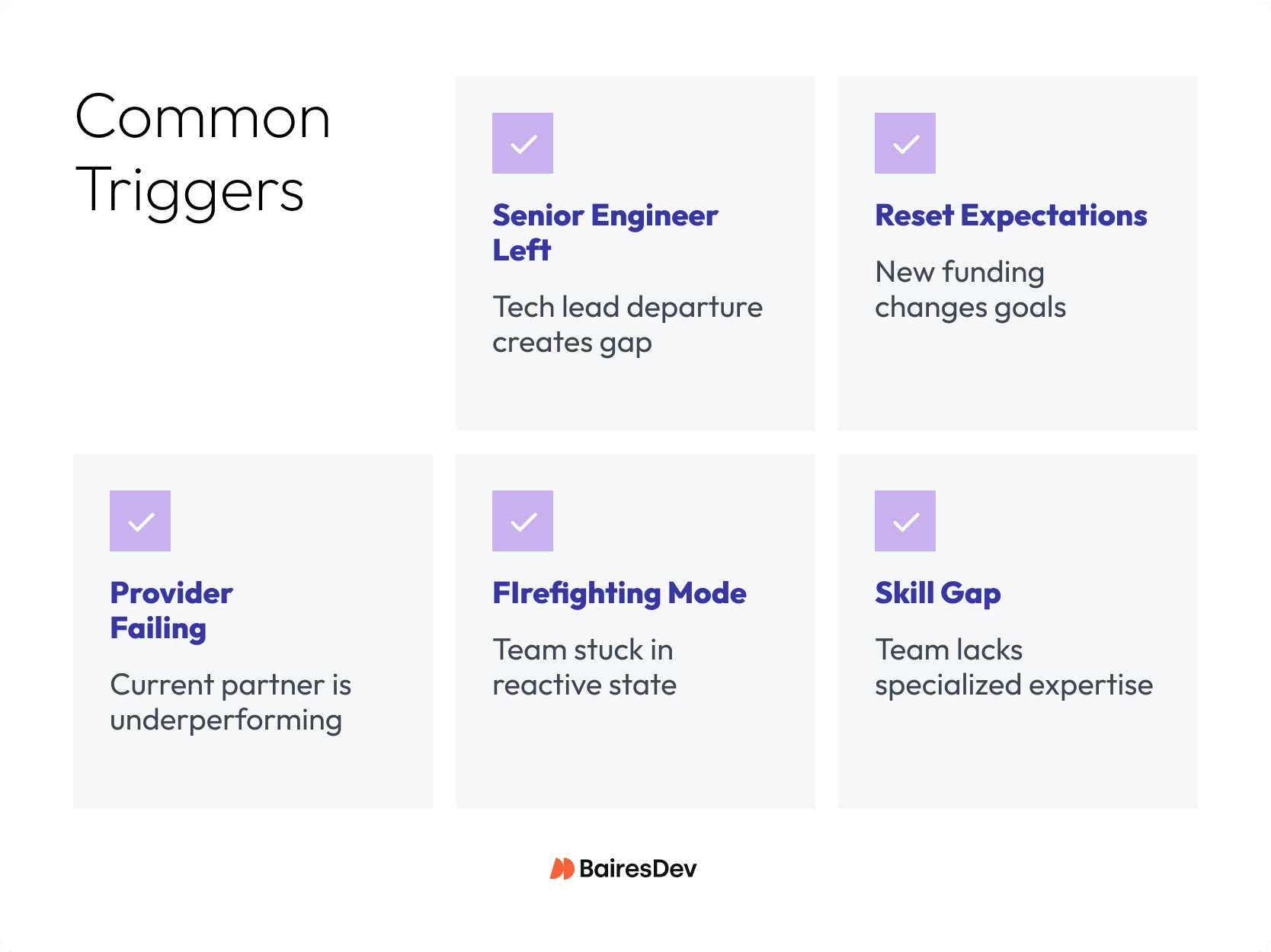 Illustration of six common triggers that cause companies to augment their engineering teams.
