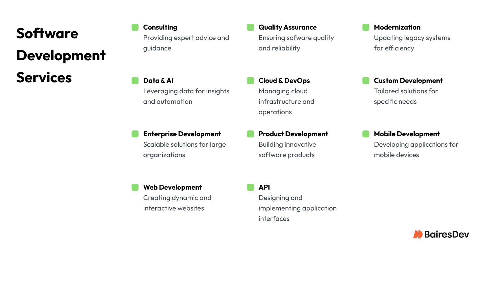 A diagram taxonomy of different types of software development services provided by most larger vendors.