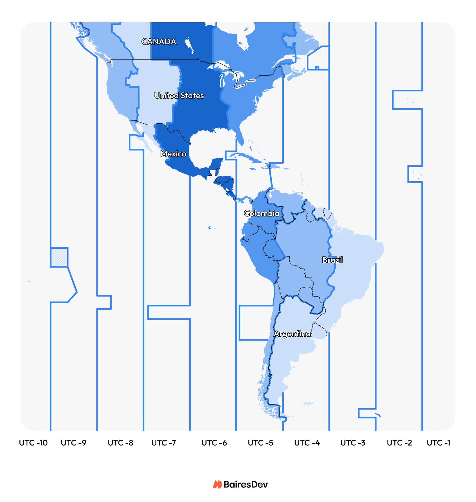 Map displaying time zones in North and Latin America, showing substantial overlap for the US East Coast.