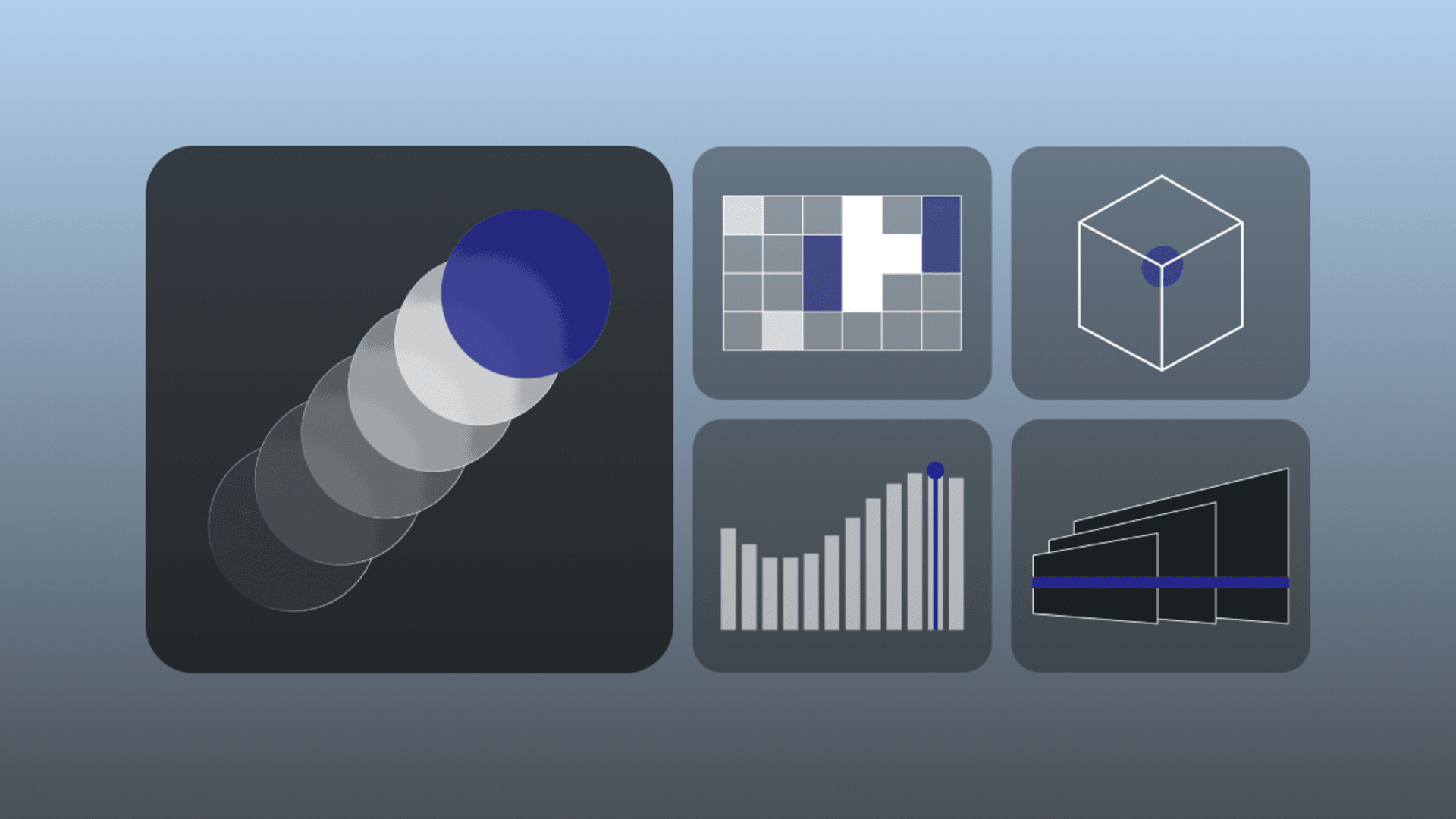 Abstract illustration featuring layered circular motion, modular grids, analytics charts, and geometric frameworks representing dedicated development teams, scalability, and structured software delivery.