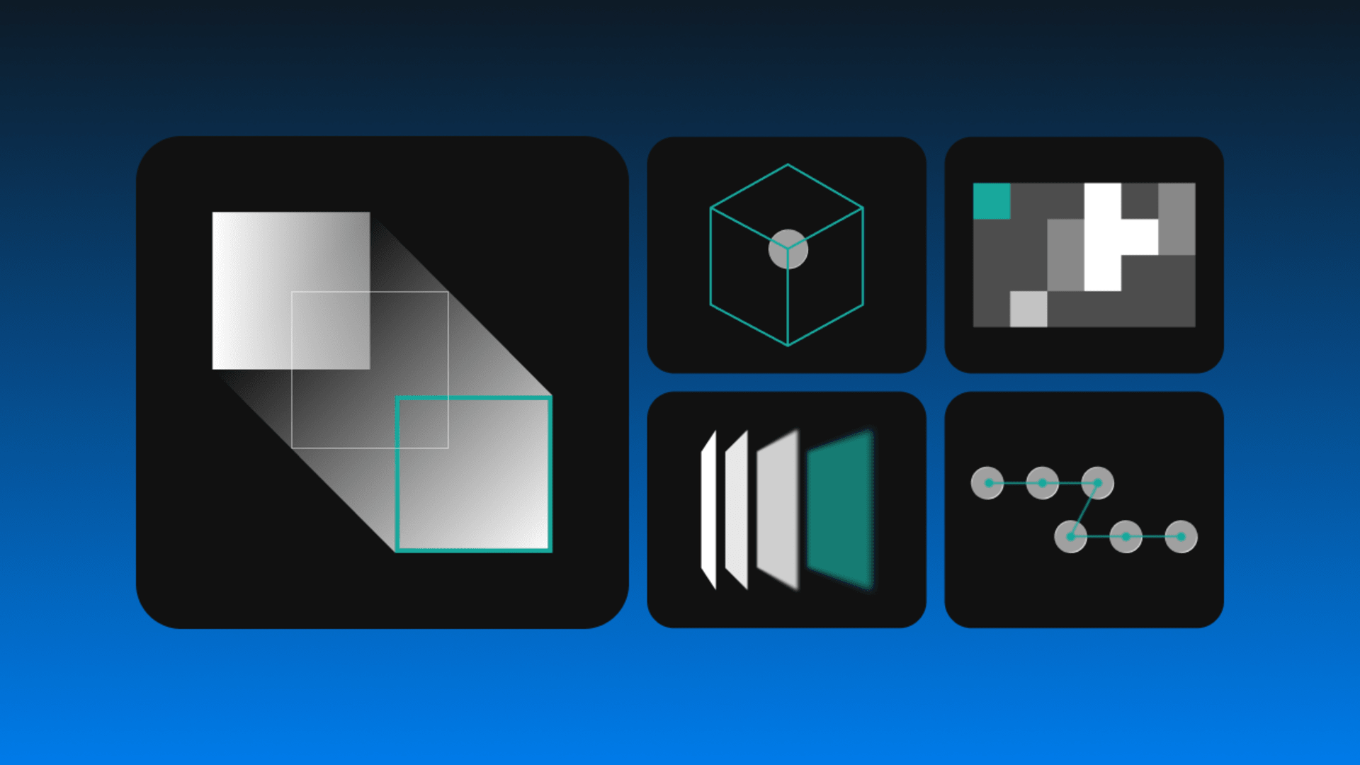 Abstract geometric illustration representing microservices architecture with connected modular components, layered systems, and distributed network structure.