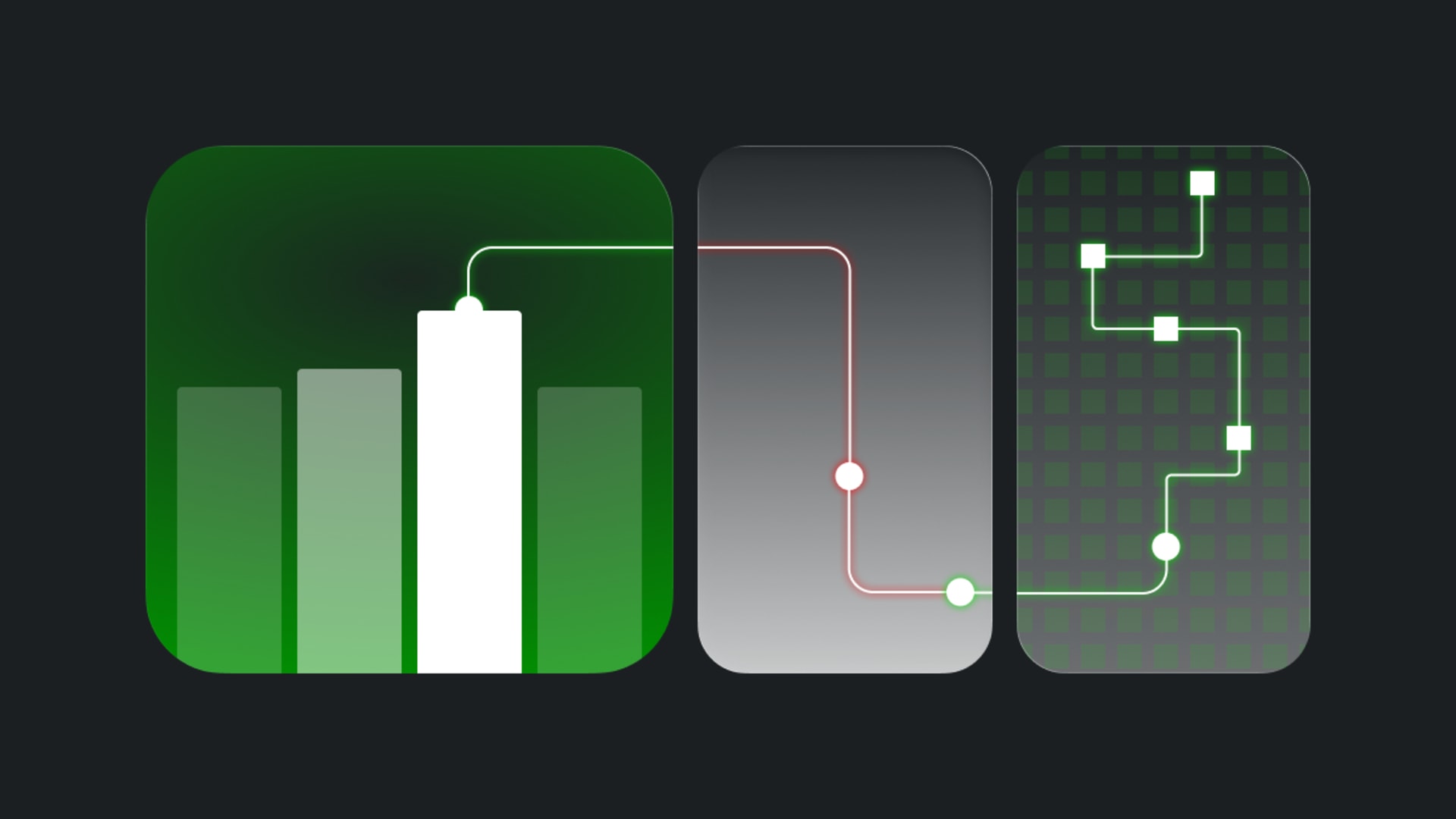 Abstract illustration representing AI in finance with performance analytics charts, connected decision pathways, and automated workflow visualization in green and dark tones.