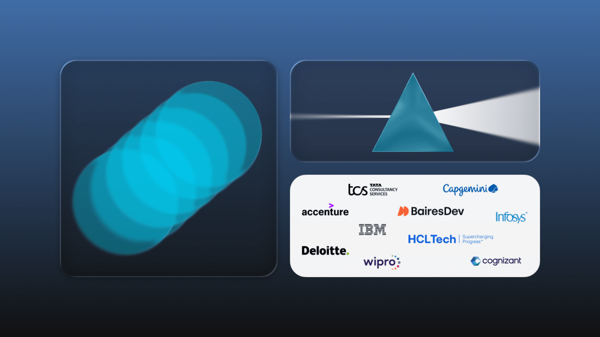 Illustration for best companies for digital transformation featuring abstract transformation graphics and logos of leading technology consulting firms including BairesDev, Accenture, IBM, Deloitte, Infosys, Capgemini, Cognizant, and TCS.