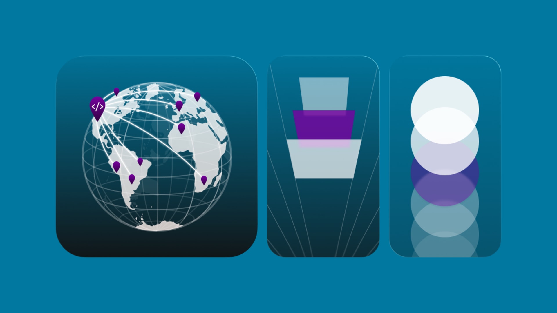 Illustration of software outsourcing trends featuring a connected global development network, talent funnel visualization, and layered collaboration graphics in blue and purple tones.