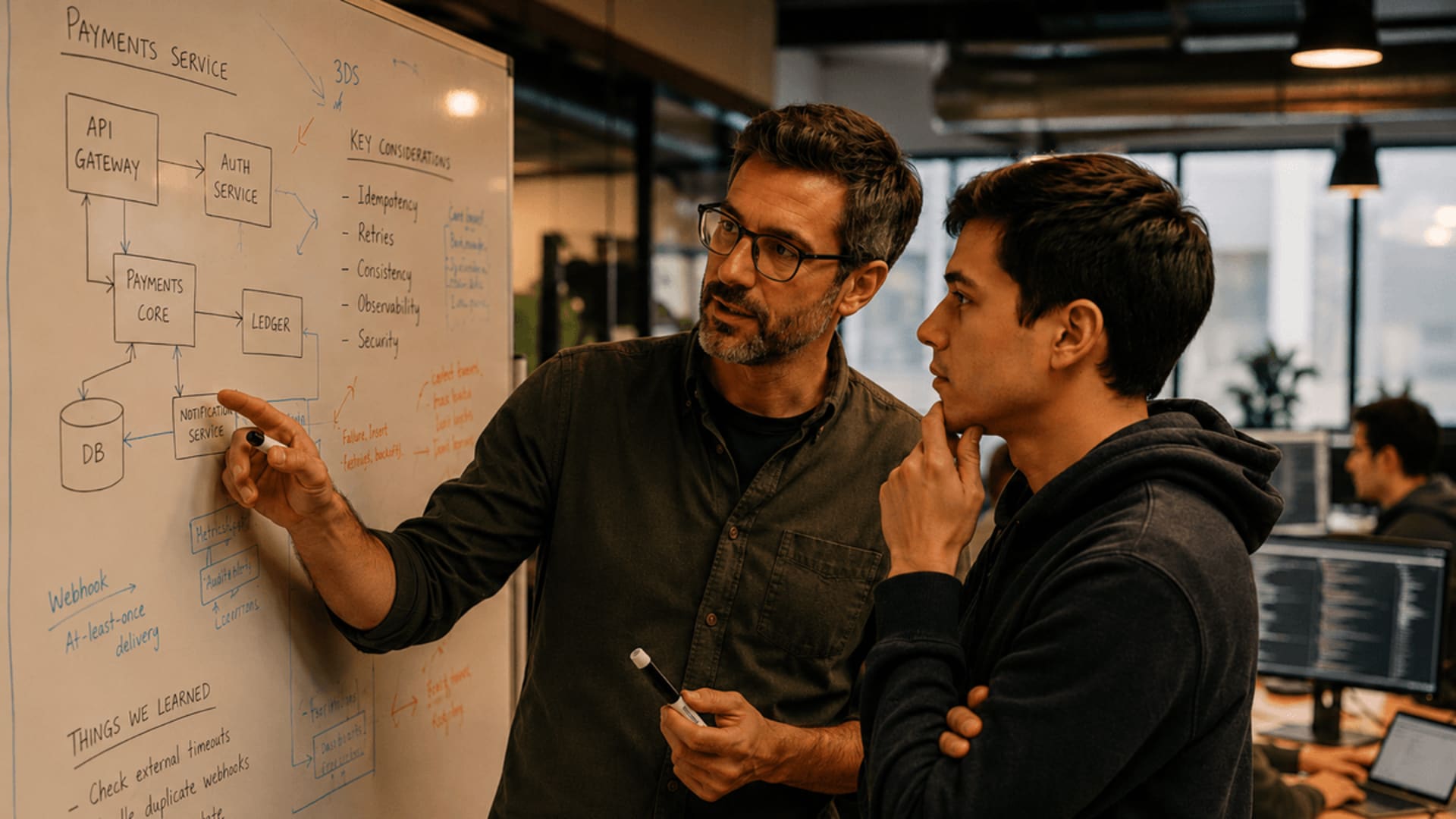 Senior engineer mentoring junior talent in business concepts Senior engineer mentoring junior talent in business concepts