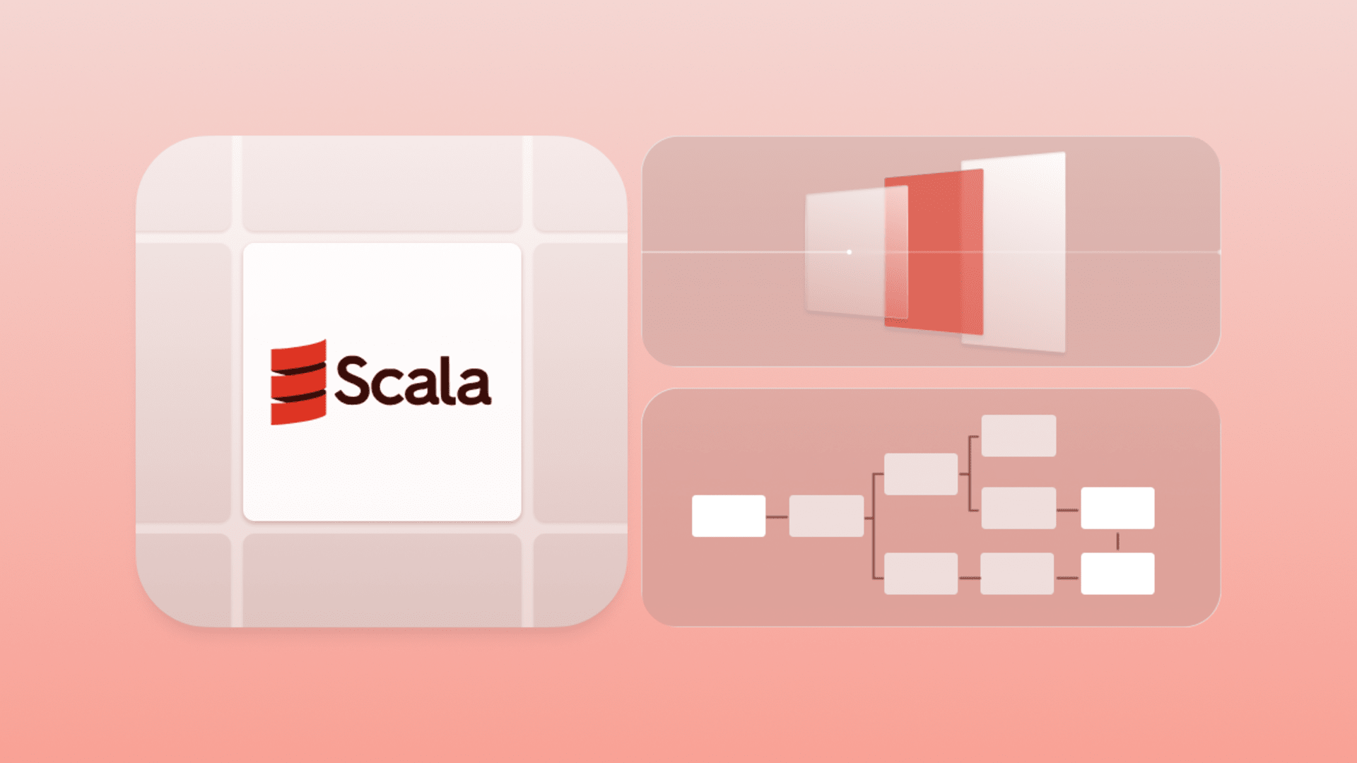Scala use cases illustration featuring the Scala logo, enterprise application architecture, data processing workflows, and scalable software development.