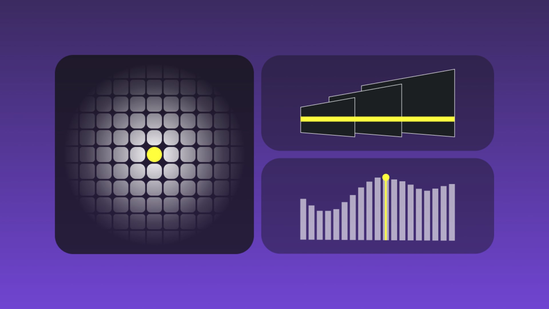 Abstract illustration of a highlighted data point, layered perspective panels, and performance bars representing outcome-focused software metrics.