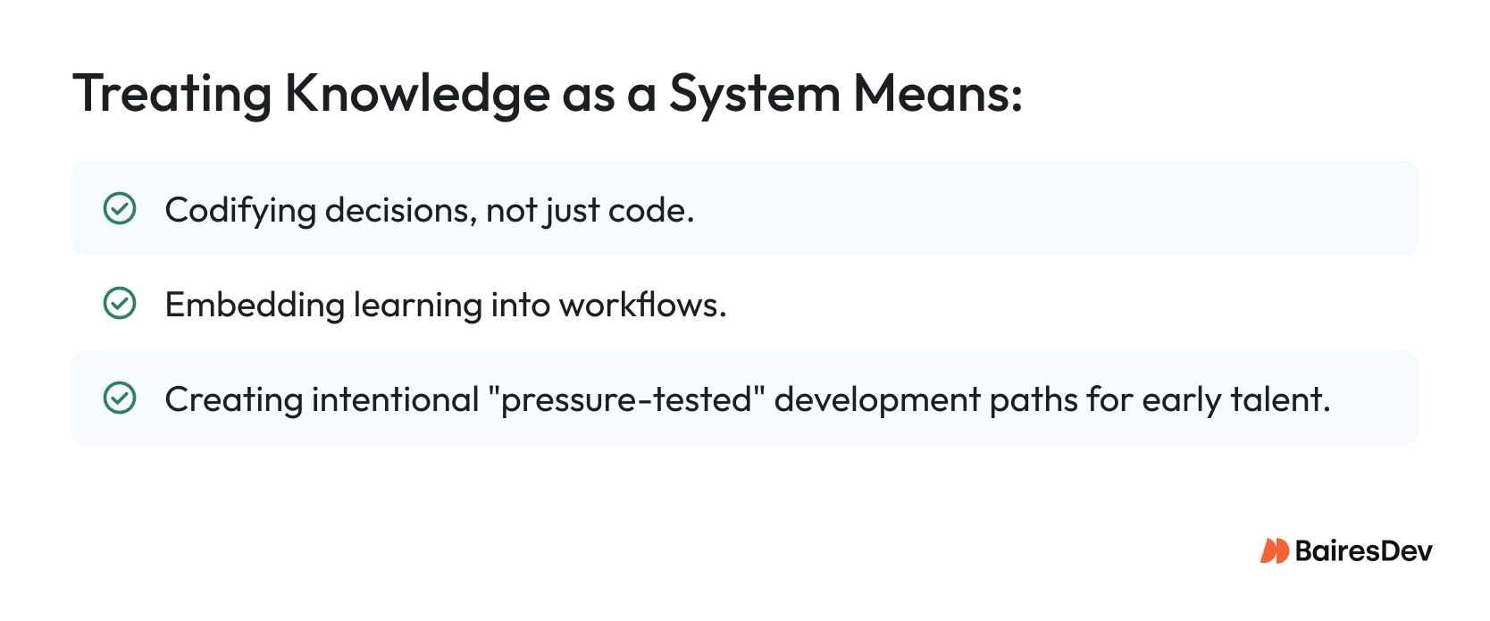 Diagram explaining knowledge as a system through codified decisions, embedded learning, and structured development paths for engineering teams.